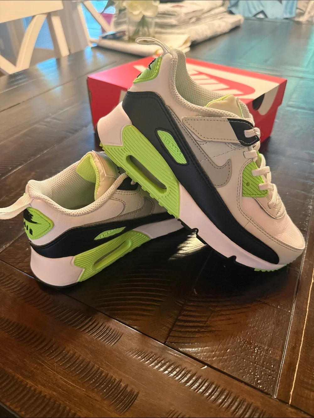 Nike Kids' Air Max 90 Eason(PS) in Light Gray, Black & Neon Green